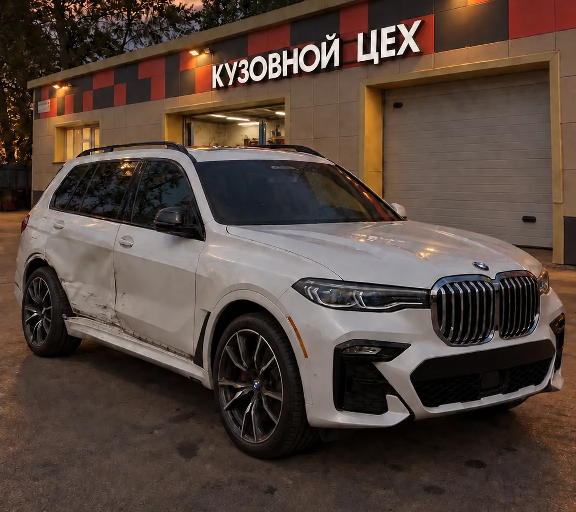 BMW X7 до ремонта: вмятины и задиры на левой передней двери и пороге
