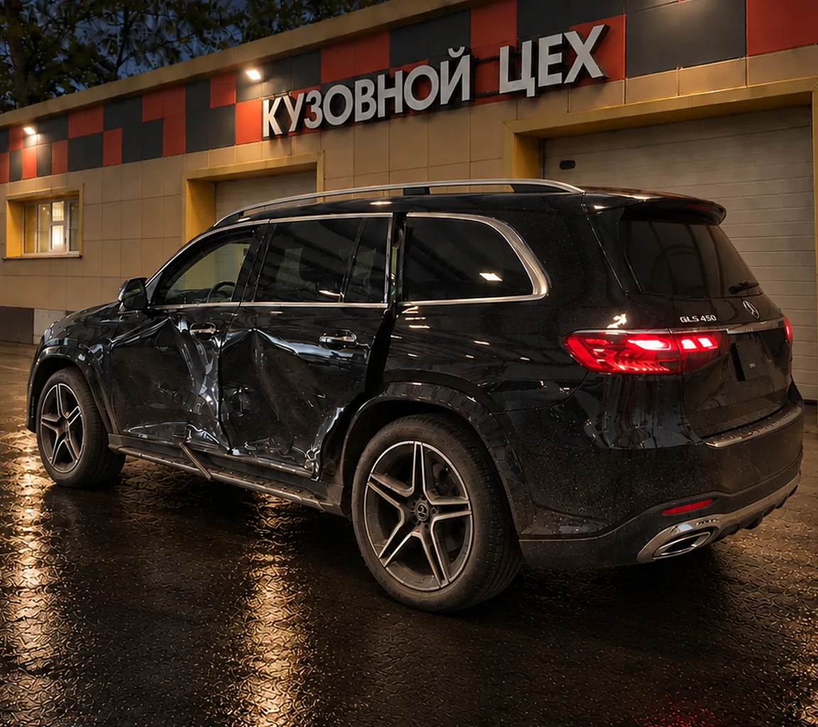 Mercedes-Benz GLS 450 до ремонта: смяты левые передняя и задняя двери и порог