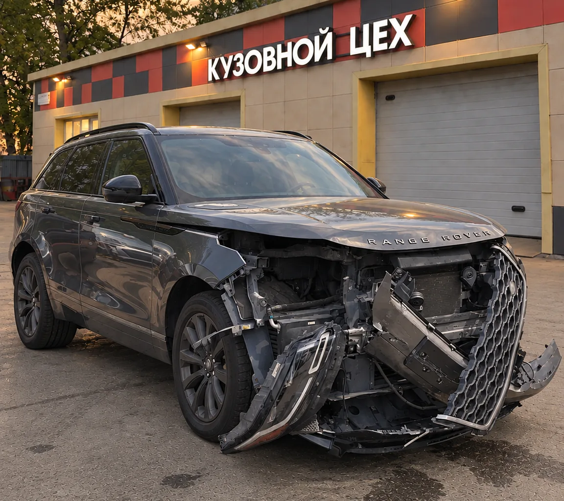 Range Rover Velar до ремонта у ворот кузовного цеха: разбит передний бампер, решётка, правая фара и крыло