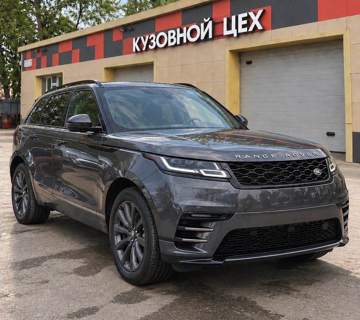 Range Rover Velar после ремонта у ворот кузовного цеха: новый передний бампер, решётка, фара и крыло, ровный перёд
